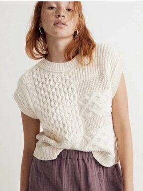 NWT Madewell Patchwork Sweater Vest in Antique Cream Cable Knit Fisherman large